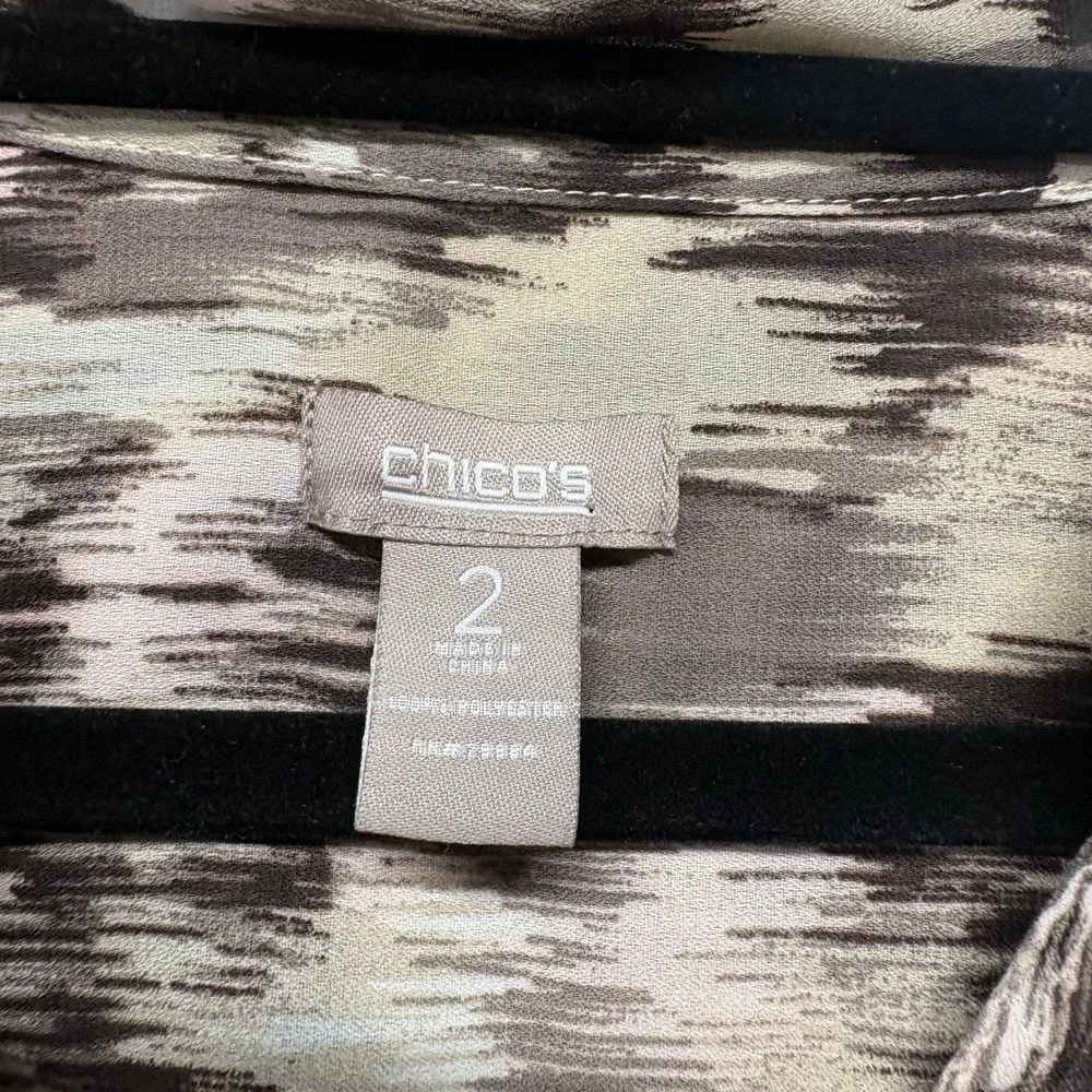 Chico's Womens Brown Abstract Print 3/4 Sleeve‎ Sheer Button Down Blouse Size 2